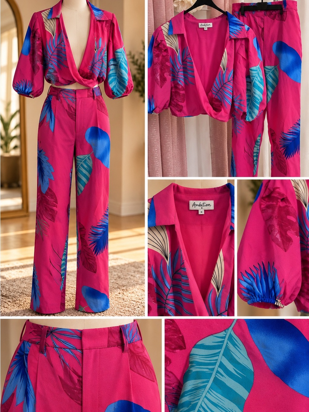 Ambition Hot Pink Tropical Two Piece Wide Leg Pant Set Size Large